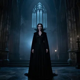jennifer connelly as a vampire in a gothic cathedral at night, gloomy, cinematic, ground mist, volumetric light.