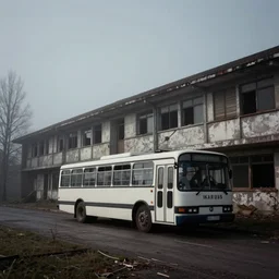 lomo photo of Ikarus bus staying in front of abandoned school made by le corbusier, dark, moody, foggy, gloomy, retro