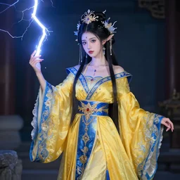 photograph of a real - life beautiful!! elemental lightning witch with ornate yellow and blue robes. extremely detailed. 8 k