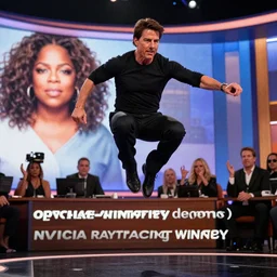 a cinematic still of (tom cruise!!!!!), jumping, oprah winfrey show, ((((octane render, nvidia raytracing demo))))