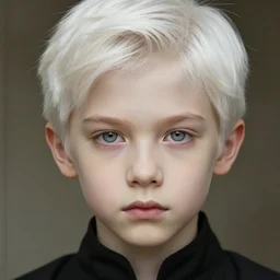 portrait a 1 5 - year - old boy, with slender, smooth sleek white - blond hair, cold grey eyes, a pale complexion with sharp and pointed features, wearing black clothes, hyper realistic face, beautiful eyes, close up, fantasy art, in the style of greg rutkowski, intricate, alphonse mucha, hyper detailed, smooth