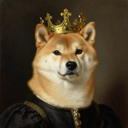 renaissance portrait of a shiba inu with a crown, oil on canvas by rembrandt