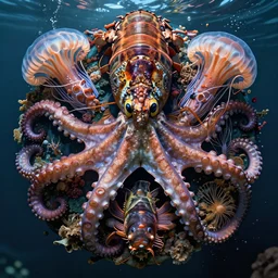 hyper realistic photography of intricate deepsea fish lobster octopus medusa hybrid cinematic, symmetric detailed, artstation, cgsociety