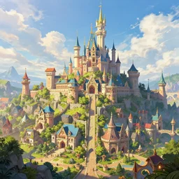 a kingdom in a fantasy world, colorful, high fantasy, rutkowski, professional artwork, sunny, clouds, detailed, highly detailed buildings, artstation, jim burns, 8k,