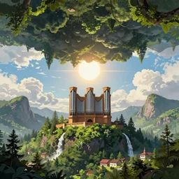 pipe organ buildings, ceiling dark clouds made of green earth inverted plants sky bright sun in the middle upside down mountains heaven beautiful clouds at the summit lush forests close up forest vista waterfalls villages, buildings artstation illustration sharp focus sunlit vista painted by ruan jia raymond swanland lawrence alma tadema zdzislaw beksinski norman rockwell tom lovell alex malveda greg staples