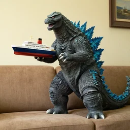 Godzilla on a couch putting a ship in its moth