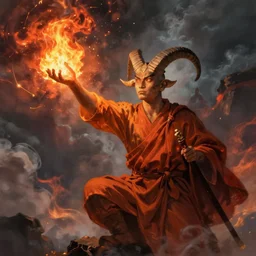 ram horned monk brings fire down from the sky, medieval style, highly detailed, digital painting, volumetric light, 8k