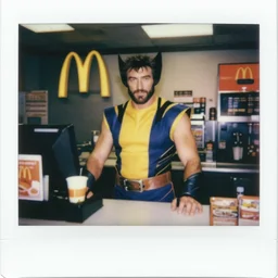 hugh jackman as wolverine working the front counter of mcdonald's ready to take your order, eighties polaroid, flash photography, photorealistic, kodachrome
