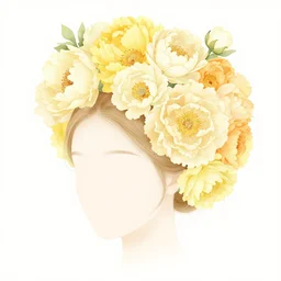 illustration of a beautiful hairpiece made of yellow, cream, light orange and ivory flowers, peonies, illustrated in the style of james jean, pastel colors,