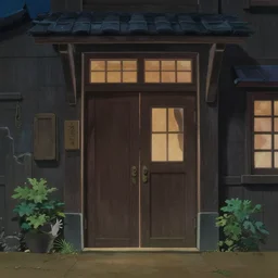 door entrance to a building at night, game environment, in the style of Spirited Away (2001)
