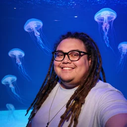 an obese entrepreneur with long dreadlocks and trendy glasses takes a smiling selfie inside a large aquarium filled with neon jellyfish, high detail, full focus, time magazine 2 0 2 2
