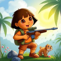 dora the explorer hunting animals with a rifle