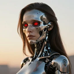close up of brunette cyborg girl. Her half metal skull is visible .glowing red eyes. cyborg arms. Art by William-Adolphe Bouguereau. During golden hour. Extremely detailed. Beautiful. 4K. Award winning.