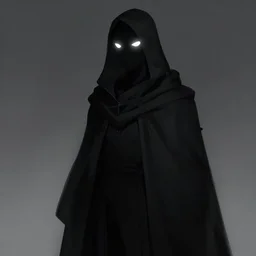 character design, black cloaked figure, white glowing eyes, trending on artstation, concept art, digital art
