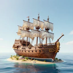 a half sunken pirate ship located on a crescent island, art, high definition, high detail, 8k,