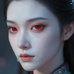 a portrait of a beautiful lady, pale skin, red eye, scifi!!, 3 5 mm, photorealistic, depth of field, detailed, high definition, octane
