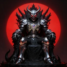 a dark matter solutions schizophrenia sphare limbo digital art angry demon in iron armor and dragon bones with diamonds sits on the black throne of death and looks with red eyes into the darkness against the background of a bright red sun