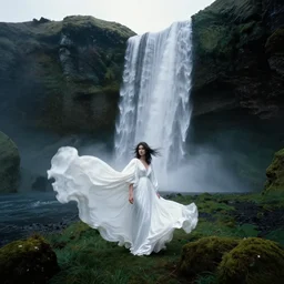 dark and moody 1 9 8 0's artistic color spaghetti western film, a woman in a giant billowing wide long flowing waving shining bright white dress made out of waterfalls, standing inside a green mossy irish rocky scenic landscape, huge waterfall, volumetric lighting, backlit, atmospheric, fog, extremely windy, soft focus