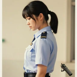 girl wearing uniform, holding pistol at side, side view, looking down | | audrey plaza, fine detail!! anime!! realistic shaded lighting!! poster by ilya kuvshinov katsuhiro otomo ghost - in - the - shell, magali villeneuve, artgerm, jeremy lipkin and michael garmash and rob rey