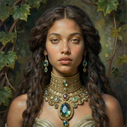 detailed portrait in femininity, cosmopolitan priestess, realistic face carved features, specular eyes, ethnic, statuesque model, natural skin, lush hair, high collar, opulent, subsurface scattering, jewel, asymmetrical, chiaroscuro, organic impressionism, vine backdrop, natural colors, digital illustration