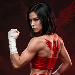 a portrait of chloe bennet, muscular, wearing red attire, white bandage tape on fists, korra attire, medium length black hair, red phoenix tattoo on back, serious, style by donato giancola, wayne reynolds, jeff easley dramatic light, high detail, cinematic lighting, artstation, dungeons and dragons