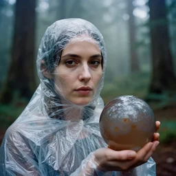 a color photograph, closeup portrait of a woman wrapped in plastic, standing next to an agate orb, in a foggy redwood forest, color photograph, by vincent desiderio, canon eos c 3 0 0, ƒ 1. 8, 3 5 mm, 8 k, medium - format print