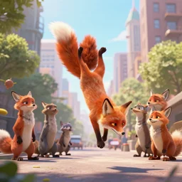 An anthropomorphic fox doing parkour in an urban setting populated by anthropomorphic animals.