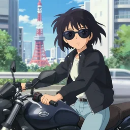 anime visual of a boyish girl wearing black jacket and sunglasses beside the motorcycle, sightseeing bright tokyo cityscape by makoto shinkai, sassy face by yoh yoshinari, katsura masakazu, detailed
