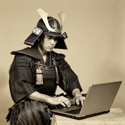 old photo of Japanese samurai using a laptop computer