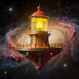 tribute to the lamplighter, science fiction digital art, highly detailed, yellow and reddish color theme, technological temple floating in space, galaxy background, by chris foss, by james warhola, by rodney matthews