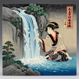 the painting'hatsuhana doing penance under the tonosawa waterfall'by utagawa kuniyoshi turned into a 3 d model
