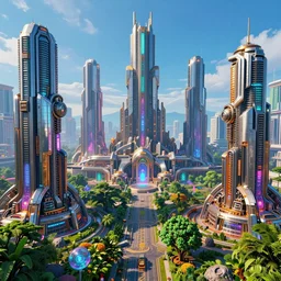 a megalopolis of steel and cyborgs, futurism, highly saturated colors, high fantasy, magical elements, vibrant colors, lush landscape, sharp details, high res eautiful lighting, digital art, octane rendered, studio light, glowing lights, holographic undertones, epic fantasy, extremely detailed, establishing shot, realistic materials, hyperrealistic, high delicate defined details, 8 k