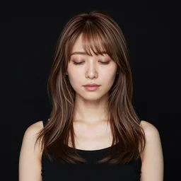 young gorgeous japanese woman with mixed color hair on a black background, peaceful expression, medium shot, canon eos r 3, f / 1. 4, iso 2 0 0, 1 / 1 6 0 s, 8 k, raw, unedited, symmetrical balance, in - frame