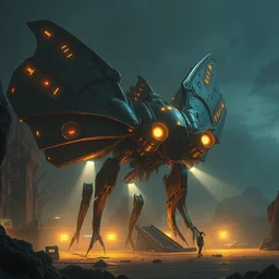 armored drone, scifi, alien base, midnight, power generators, highly detailed, moth shape, majestic, glow, artstation, masterpiece, epic lighting, art by filippo ubertino and eddie mendoza and edward denton