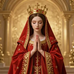 a beautiful render of a catholic veiled red queen with symmetry intricate detailed ,pray,by  James Jean,Enchanted doll,Lawrence Alma-Tadema,aaron horkey,Billelis,trending on pinterest,hyperreal,feminine,golden ratio,cinematic lighting