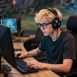 a blonde guy is playing lol like a nerd