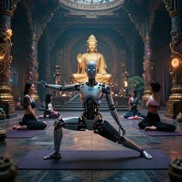 cyberpunk, buddhist robot yoga instructor, inside a yoga temple, yoga class, 4 k