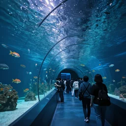 an underground aquarium corridor with people observing lots of beautiful fish, fantastic space, water droplets, highly detailed, artstation trend, highly detailed and intricate, makoto shinkai, no blur, photography, unreal engine 5