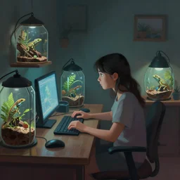 a digital painting of a girl sitting in her room researching on her computer surrounded by terrariums with reptiles inside. dim lighting coming from your computer screen