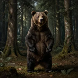 hieronymus bosch, standing bear in the foreground, forest in the background