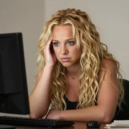young britney spears look alike with extremely long blonde voluminous curly hair stressed out sitting at a computer, english background, anxious, self sabotage