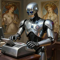 robocop using a fax machine, intricate, highly detailed, digital painting, artstation, concept art, smooth, sharp focus, illustration, unreal engine 5, 8 k, art by artgerm and greg rutkowski and alphonse mucha