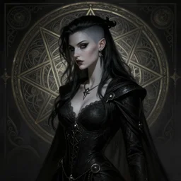 Necromancer Sorceress goddess of death, background fantasy pentagram sorceress magic, undercut hairstyle, dark light night, intricate, elegant, sharp focus, illustration, highly detailed, digital painting, concept art, matte, art by WLOP and Artgerm and Greg Rutkowski and Alphonse Mucha, masterpiece