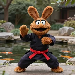 a fluffy brown velveteen karate loving muppet with bunny ears and wearing a dark ninja robe with a red belt and practicing her karate out in nature by a koi pond, photorealistic, photography, ambient occlusion, rtx, national geographic, sesame street