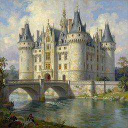 a painting of a castle with a bridge over a river, a detailed matte painting by Tim Hildebrandt, cgsociety, fantasy art, detailed painting, enchanting, art deco