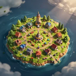 aerial view of village on island in the style of clash of clans