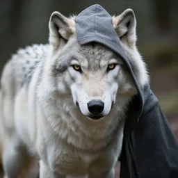mysterious hooded figure with white wolf, uhd, ultra realistic, 4 k, movie still, detailed, sharp, real life, cinematic