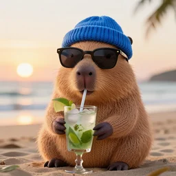 a photorealistic photograph of a knitted cute Capybara wearing sunglasses and dressed in a blue beanie cap. The Capybara is also seen sipping out of a refreshing Mojito drink at the beach during sunset. The image is Trending on Artstation, featured on Behance, well-rendered, fine detail, extra crisp image, Unreal Engine, 4K HD