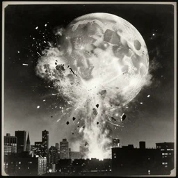 vintage photo still of the moon!!!! exploding!!!! exploding moon moon explosion fragments on one side moon rupture moon exploding moon explosion over new york city in the 1 9 2 0 s, black and white, weathered, edge vignette, explosion in the sky, moon exploding