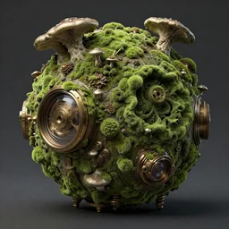 steampunk device covered by ornamental green mold and mushrooms, fractal, manderblot, detailed, hyperrealistic, raytrace,